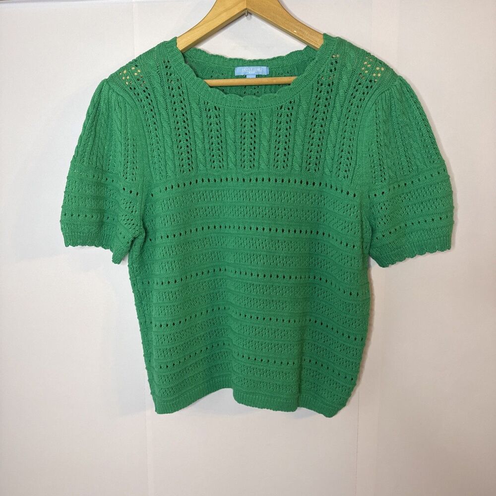 Draper James Kelly Green Open-Knit Short Sleeve Crewneck